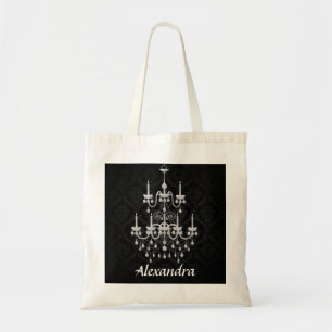 Zwarte en witte luchters Damask met aangepaste naa Tote Bag