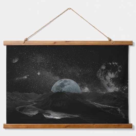 Zwarte en witte maan Night Sky Mountain Galaxy Pos Hangend Wandkleed (Voorkant)