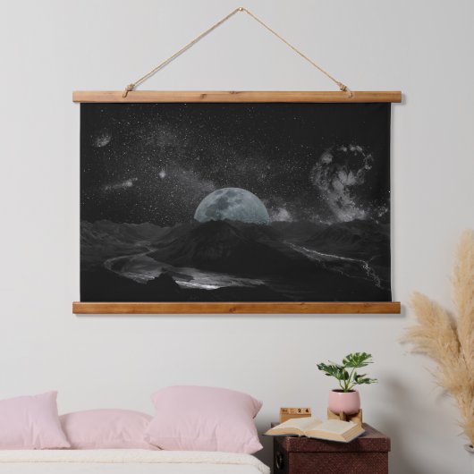 Zwarte en witte maan Night Sky Mountain Galaxy Pos Hangend Wandkleed (Slaapkamer)