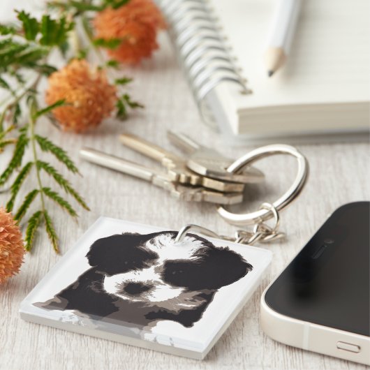 Zwarte en witte Maltese papaverhond Sleutelhanger (Voorkant Rechts)