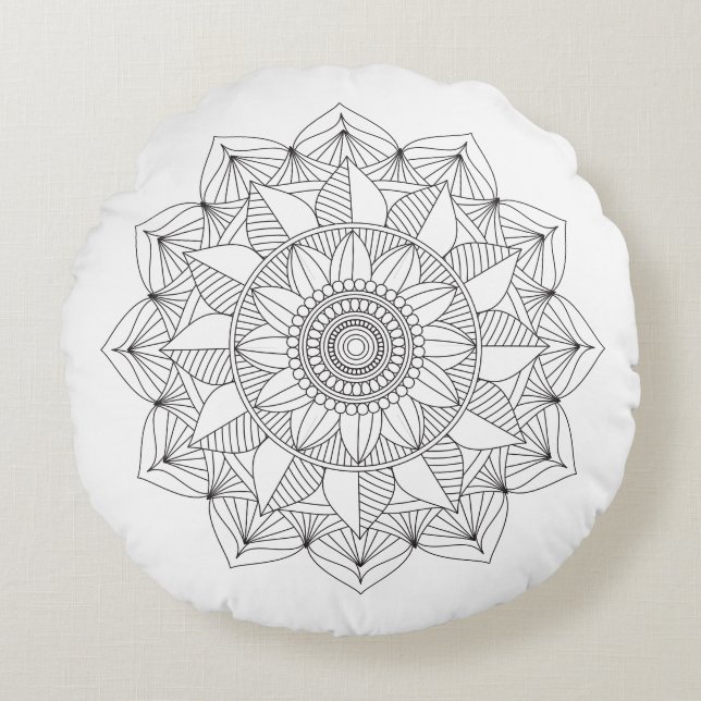 Zwarte en Witte Mandala Flower v1 Rond Kussen (Voorkant)