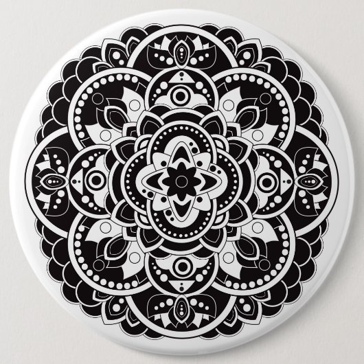 Zwarte en witte mandala ronde button 6,0 cm (Voorkant)