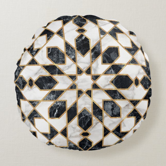 Zwarte en witte marmer Marokkaanse mozaïek Rond Kussen (Voorkant)
