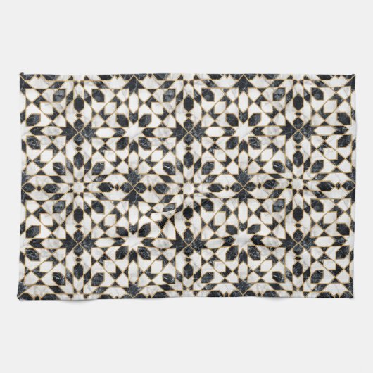 Zwarte en witte marmer Marokkaanse mozaïek Theedoek (Horizontaal)