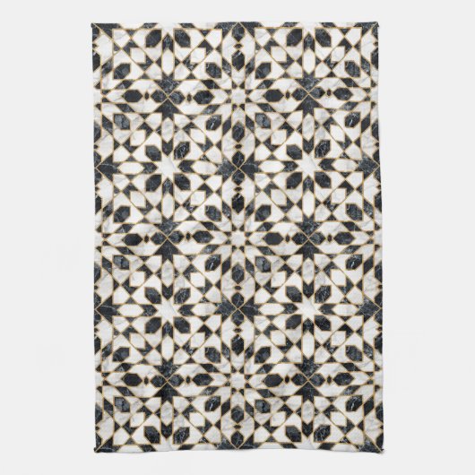 Zwarte en witte marmer Marokkaanse mozaïek Theedoek (Verticaal)
