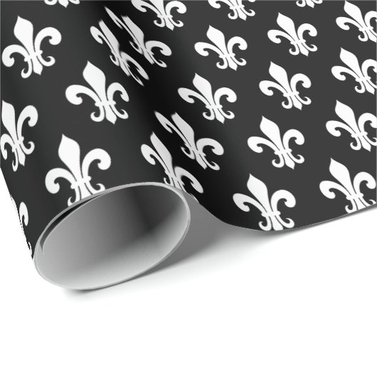 Zwarte en witte matte fleur de lis kerstmis cadeaupapier (Rol Hoek)