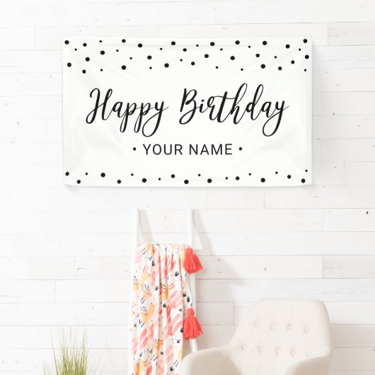 Zwarte en Witte minieme Happy Birthday-feestbanner Spandoek (Insitu)