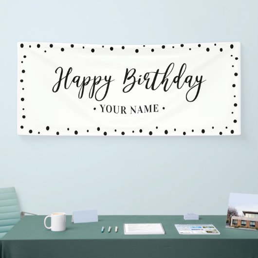 Zwarte en Witte minieme Happy Birthday-feestbanner Spandoek (Beurs)