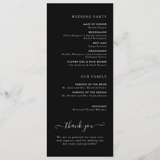 Zwarte en Witte Minimalistische Trouwceremonie Programmakaart (Achterkant)