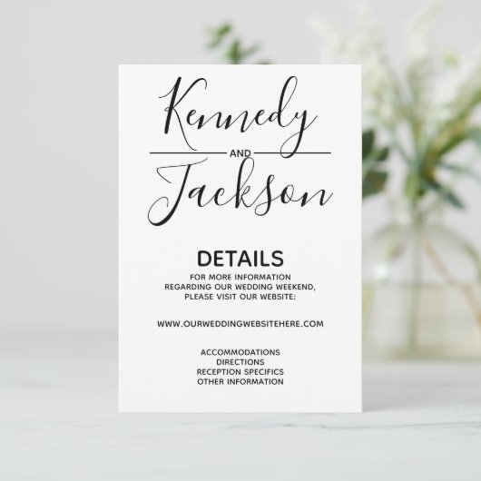 Zwarte en Witte Modern Details Weddenschap Calligr Informatiekaartje (Staand voorkant)