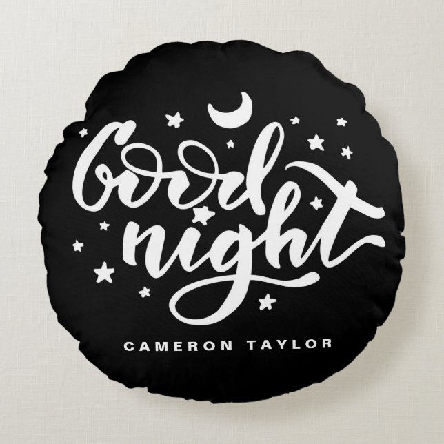 Zwarte en Witte Moderne Calligrafie Goede nacht Rond Kussen (Voorkant)