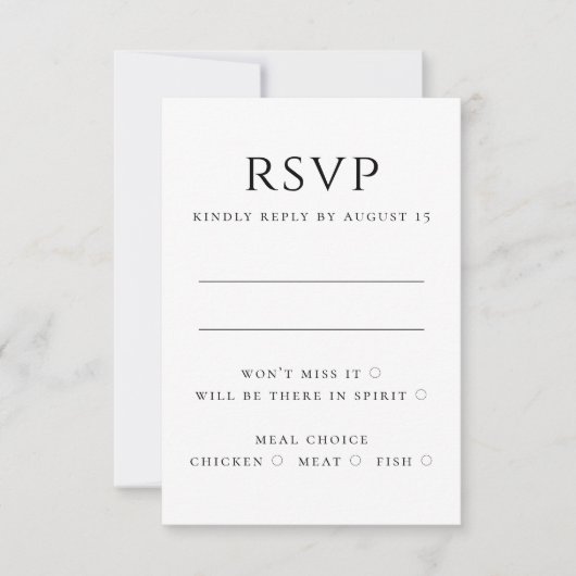 Zwarte en witte moderne, eenvoudige, minimalistisc RSVP kaartje (Voorkant)