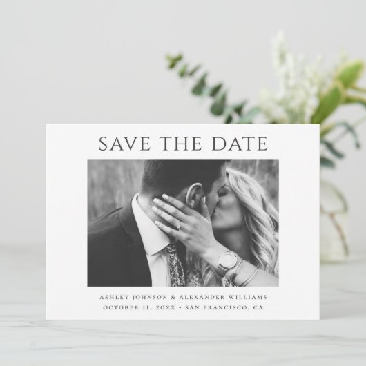 Zwarte en witte moderne, eenvoudige, minimalistisc save the date (Staand voorkant)