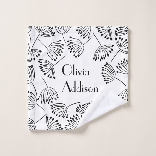 Zwarte en witte moderne naam Floral Dandelion Bad Handdoek (Wasdoekje)
