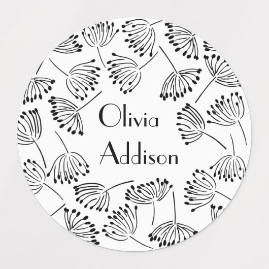 Zwarte en witte moderne naam Floral Dandelion Labels (Design 3)
