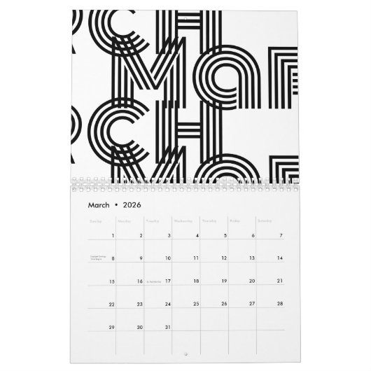 Zwarte en witte moderne typografie kalender (Mar 2026)