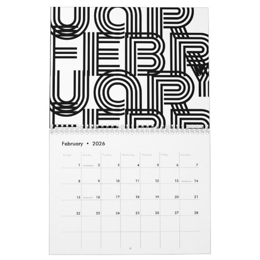 Zwarte en witte moderne typografie kalender (Feb 2026)