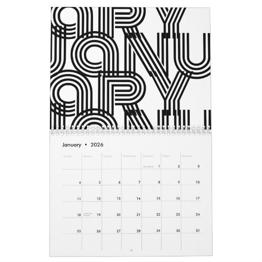 Zwarte en witte moderne typografie kalender (Jan 2026)