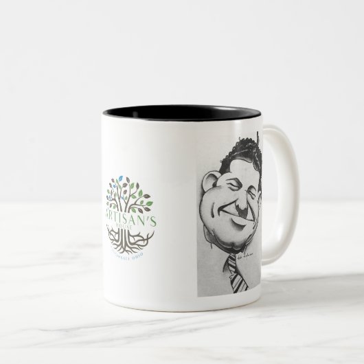 Zwarte en witte mok met karikatuur van Art Hofmann (Voorkant rechts)