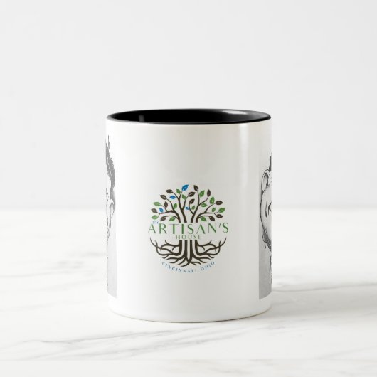 Zwarte en witte mok met karikatuur van Art Hofmann (Center)