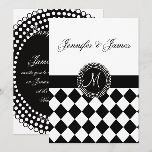 Zwarte en Witte Monogram Names Wedding Invitation Kaart (Voorkant / Achterkant)