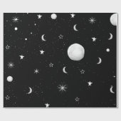 Zwarte en witte moons en sterren cadeaupapier (Vlak)