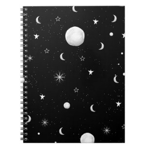 Zwarte en witte moons en sterren notitieboek