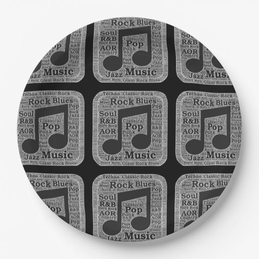  zwarte en witte muziekgenres papieren bordje (Voorkant)