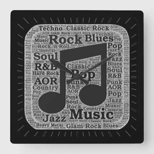  zwarte en witte muziekgenres vierkante klok (Voorkant)