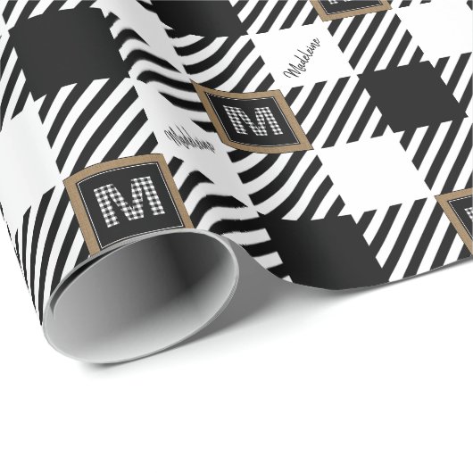 Zwarte en Witte Naam + Buffalo Check Monogram Cadeaupapier (Rol Hoek)