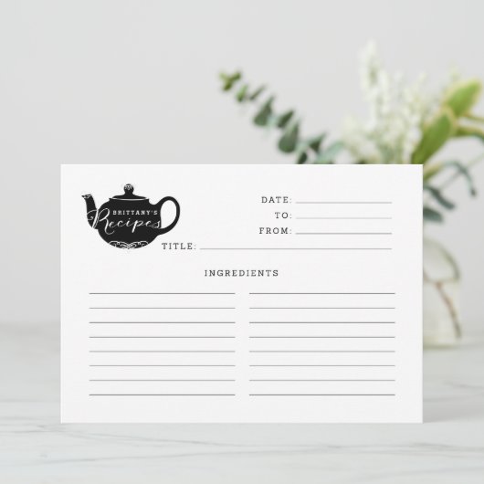 Zwarte en witte naam Monogram Tea Pot Recipe Kaart (Staand voorkant)