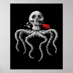 Zwarte en witte octopus schedel met rode roze poster