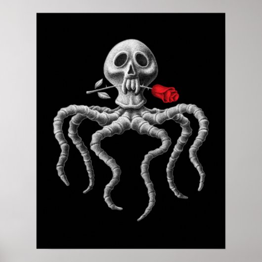 Zwarte en witte octopus schedel met rode roze poster (Voorkant)