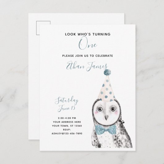 Zwarte en witte olifant 1e verjaardag Jongen Party Uitnodiging Briefkaart (Voorkant / Achterkant)