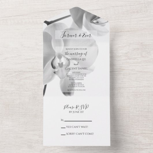 Zwarte en witte orchideeën bruiloft all in one uitnodiging (Binnen)