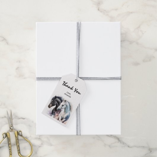 Zwarte en witte paarden in Waterverf Cadeaulabel (Met Touw)