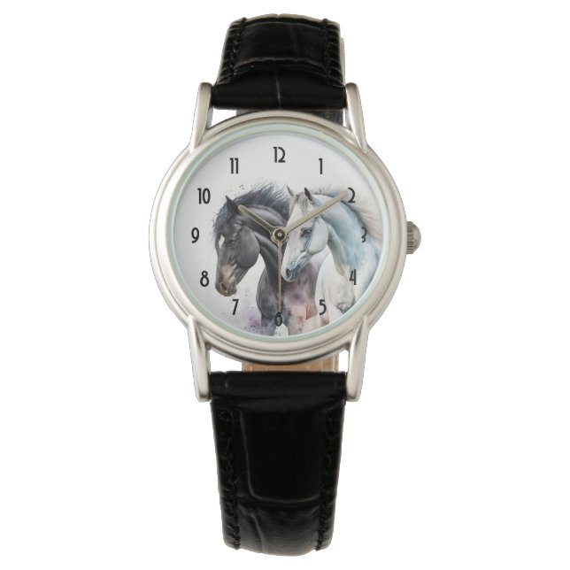 Zwarte en witte paarden in Waterverf Horloge (Voorkant)