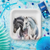 Zwarte en witte paarden in Waterverf Papieren Bordje (Feest)