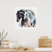 Zwarte en witte paarden in Waterverf Poster (Keuken)