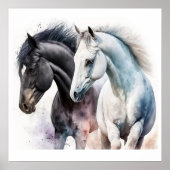 Zwarte en witte paarden in Waterverf Poster (Voorkant)