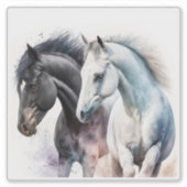Zwarte en witte paarden in Waterverf Sticker (Voorkant)