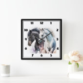 Zwarte en witte paarden in Waterverf Vierkante Klok (Huis)