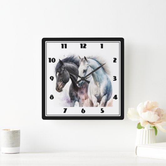 Zwarte en witte paarden in Waterverf Vierkante Klok (Huis)