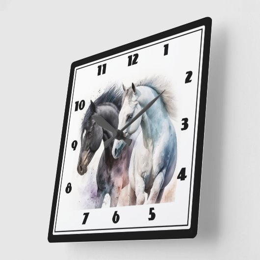 Zwarte en witte paarden in Waterverf Vierkante Klok (Hoek)