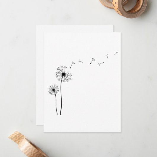 Zwarte en witte paardenbloem waait in de wind notitiekaartje (Voorkant / Achterkant in situ)