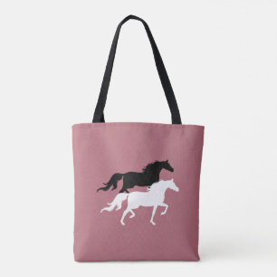 Zwarte en witte paardensilhouetten op roze goud tote bag