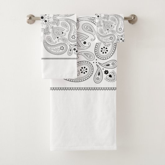 Zwarte en witte paisley bad handdoek (Insitu)
