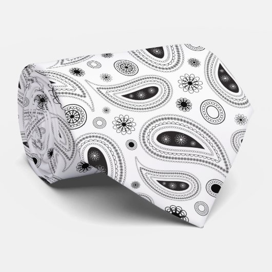 Zwarte en witte paisley stropdas (Opgerold)