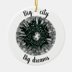 Zwarte en witte panorama stad onder de maan keramisch ornament