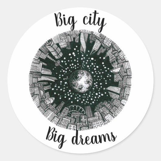 Zwarte en witte panorama stad onder de maan ronde sticker (Voorkant)